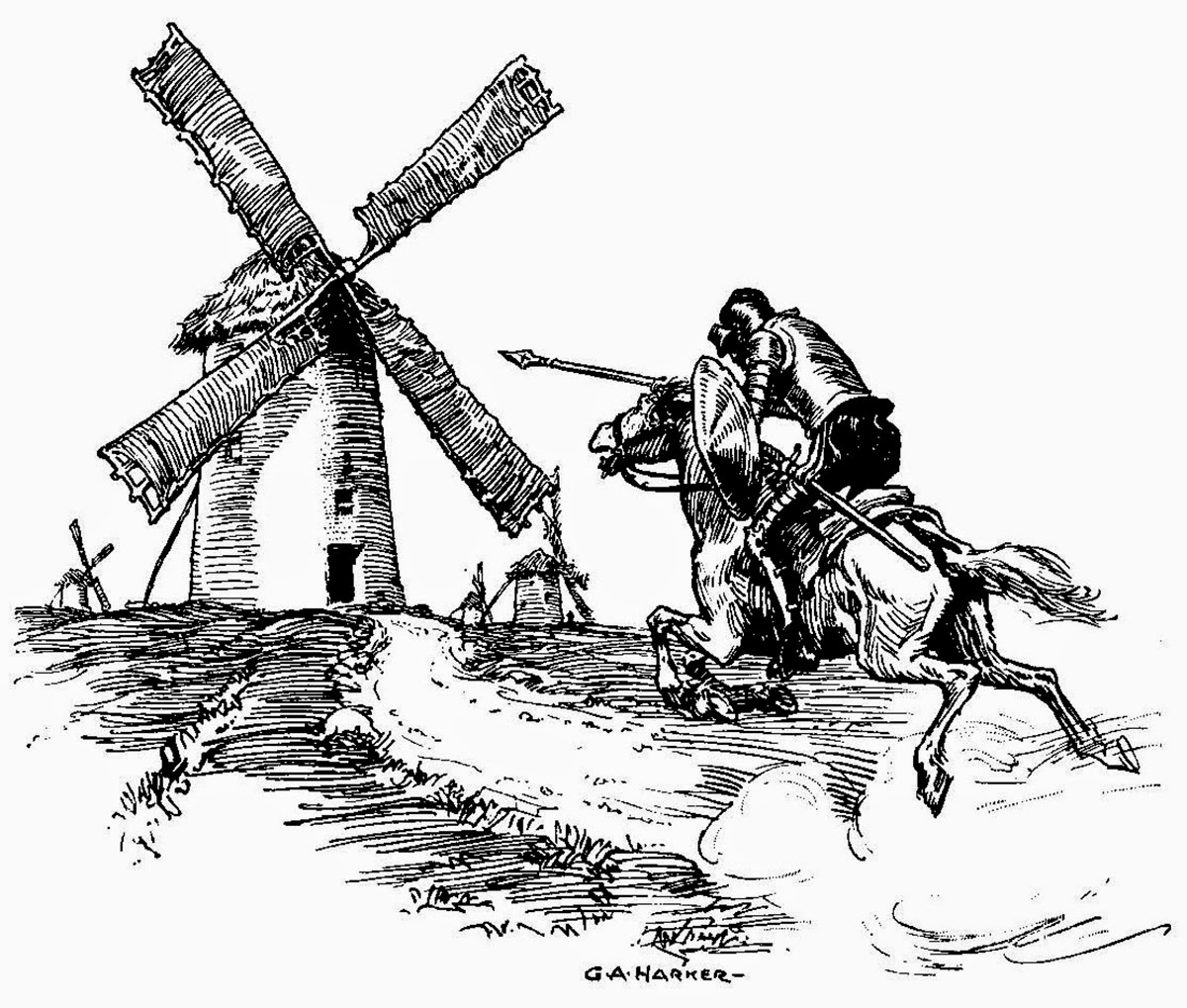 Don Quixote fighting windmills