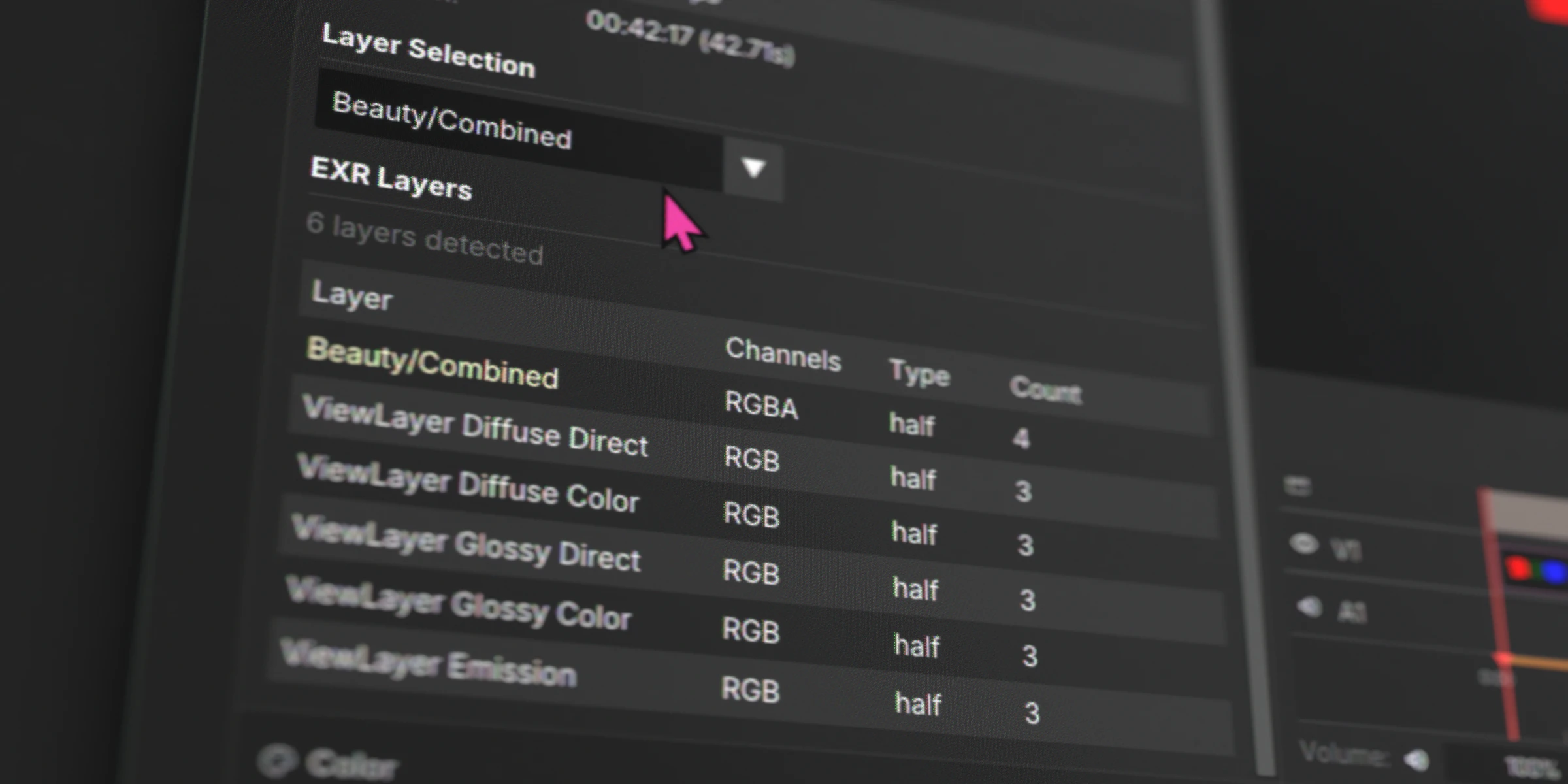 Inspector panel for EXR