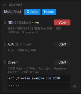 The Output section: the NDI card live, the AJA and Stream cards closed
