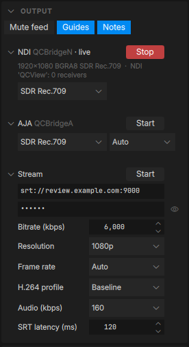 The same cards opened: the NDI and AJA transfers, the stream's server, key and encoder settings
