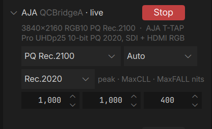 The AJA card live on a T-TAP Pro: UHD at 25p, PQ Rec.2100 with Rec.2020 mastering metadata, SDI and HDMI RGB