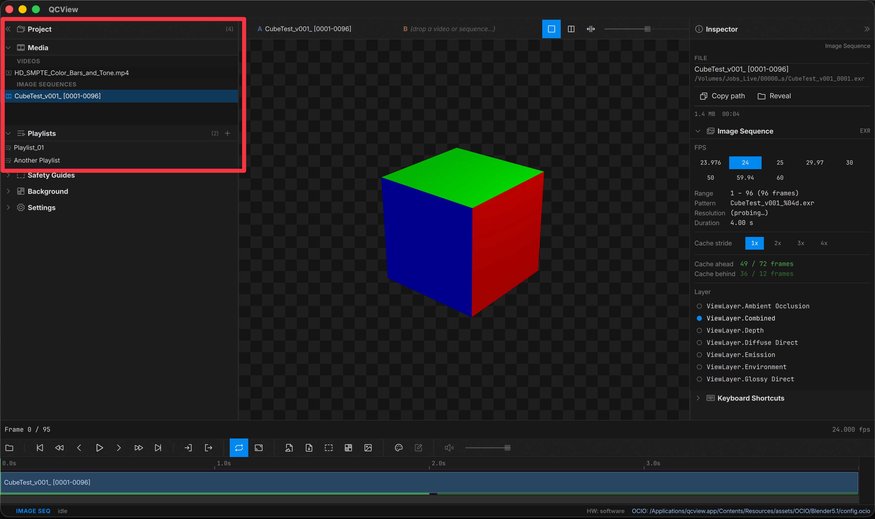 Project panel with bins for Media, Playlists, and Dual Views