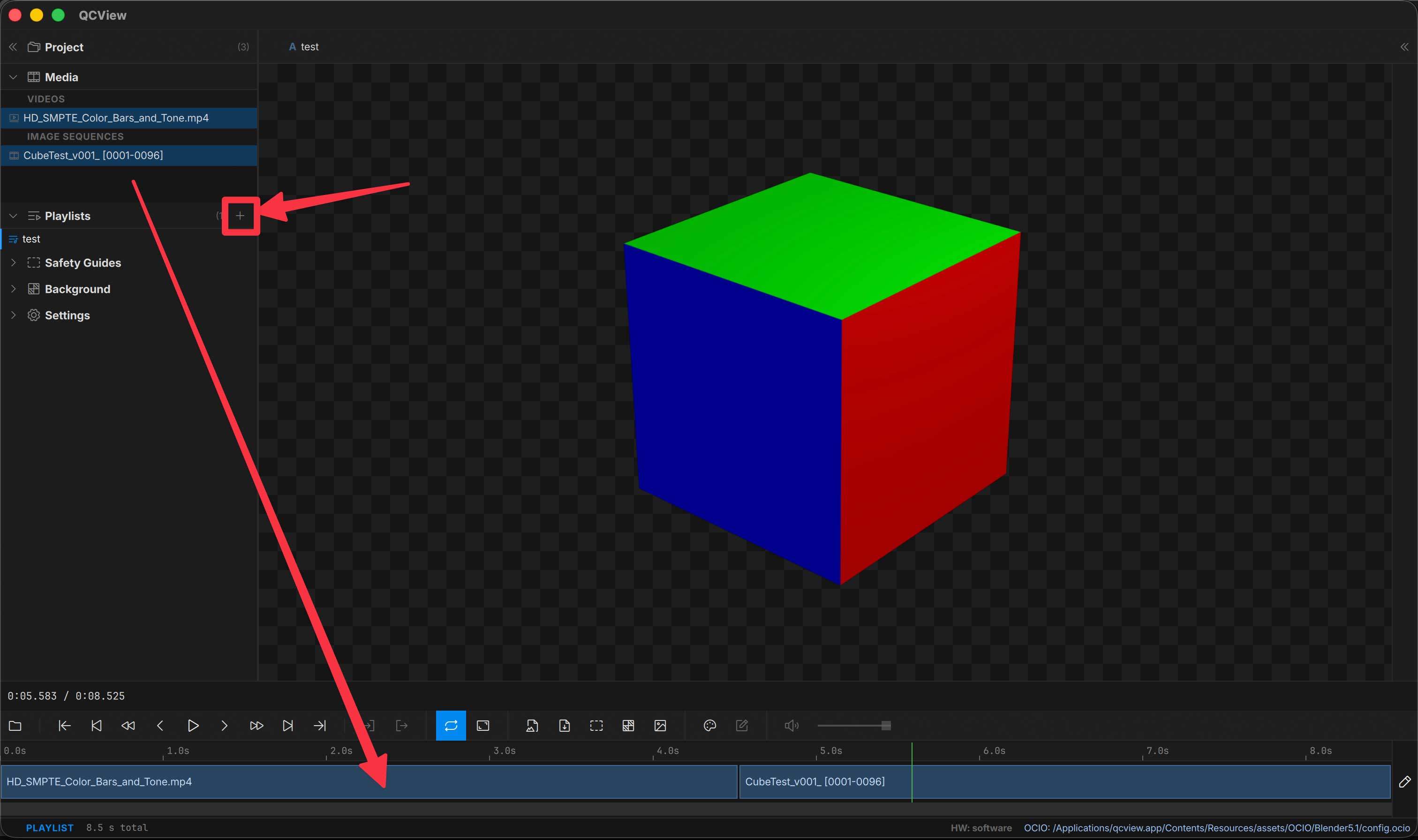 Playlist timeline with mixed video and image-sequence clips