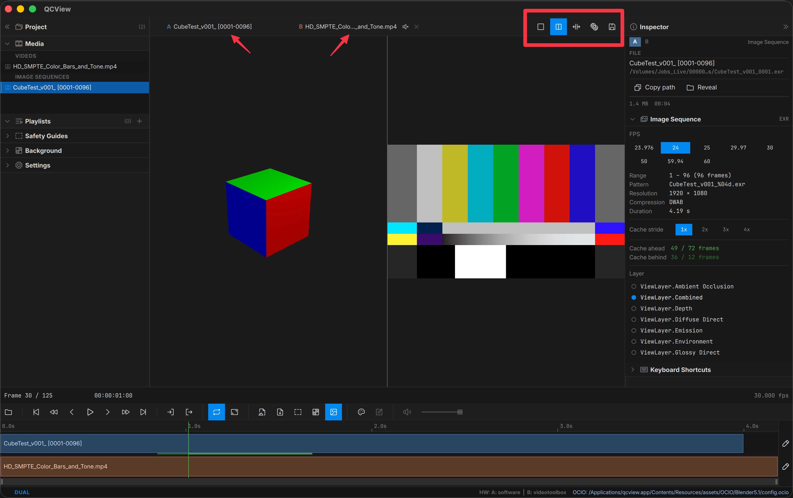 A and B chips above the viewport