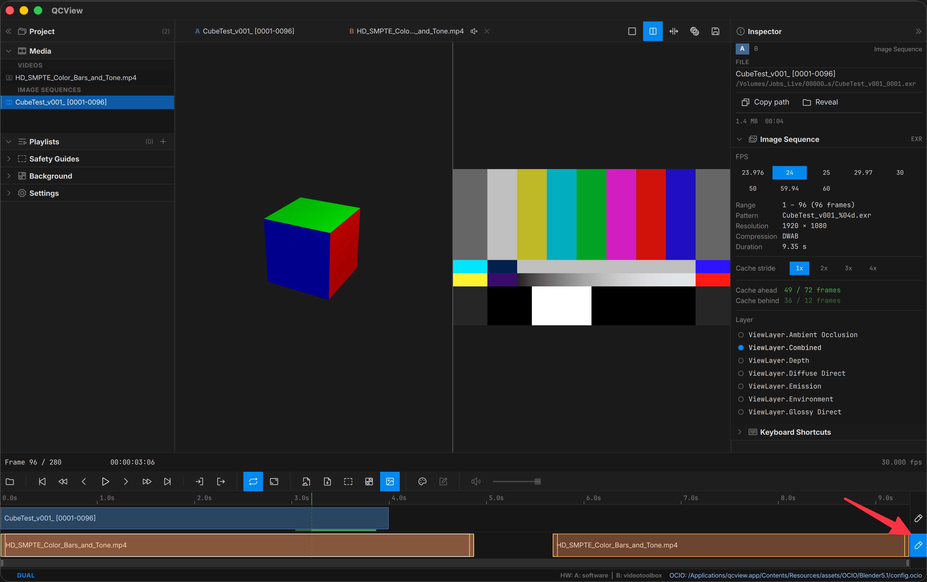 Selected clip in dual-view edit mode