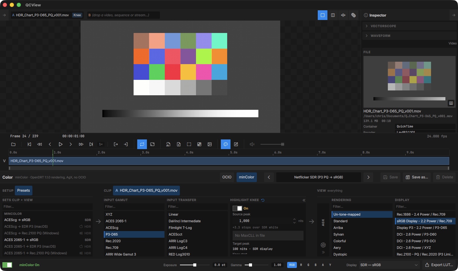 Color panel on minColor: a P3-D65 PQ master through the Netflicker SDR preset with the Highlight Knee on